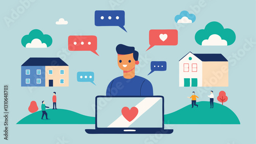 Social Media Influence A digital nomad livestreaming their experience in a local neighborhood with likes and hearts floating around while local residents watch with mixed