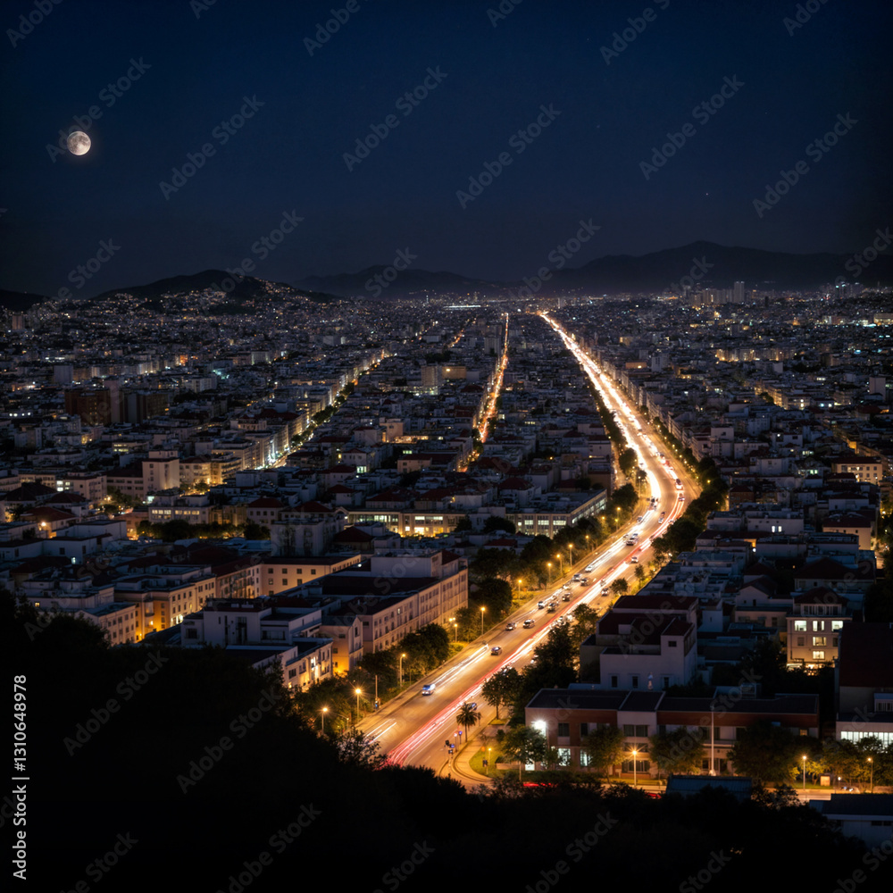 Fototapeta premium Vibrant Night Cityscape with Illuminated Avenue
