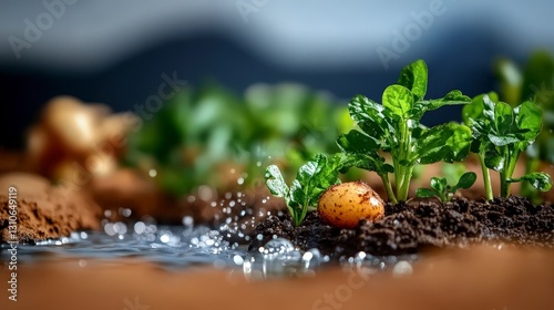 Sunlit Field with Water Droplets and Fresh Plants