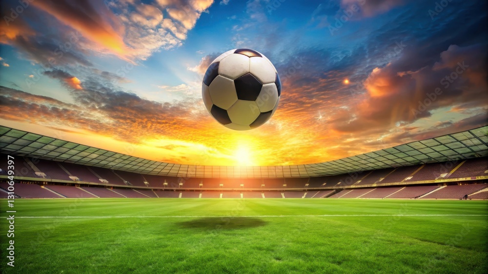 Naklejka premium Soccer ball suspended in mid-air above a green grassy field at sunset, green landscape, stadium, green landscape