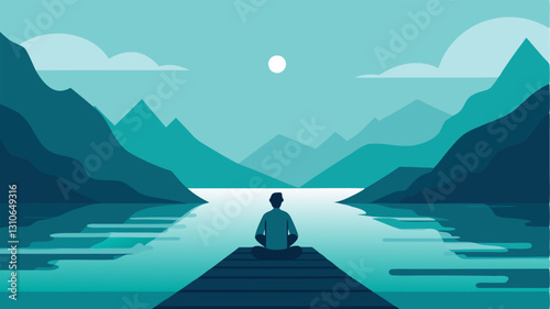 Teal and Serenity A calm teal lake surrounded by mountains with a person quietly meditating on a dock representing deep serenity and balance.