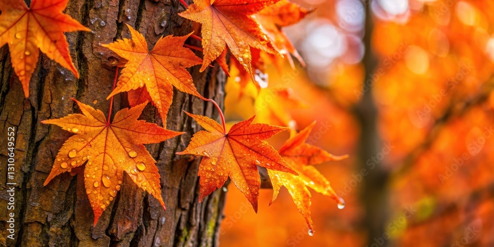 Close-up of vibrant orange leaves with water droplets on a tree trunk, foliage, water droplet, foliage Close-up of vibrant orange leaves with water droplets on a tree trunk, foliage, water droplet, foliage