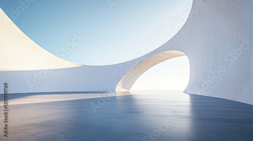 A white building with curved walls on the sea, a 3D rendering of an architectural design style