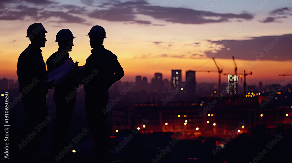 Silhouetted construction workers discussing plans at sunset with a city skyline and cranes Silhouetted construction workers discussing plans at sunset with a city skyline and cranes