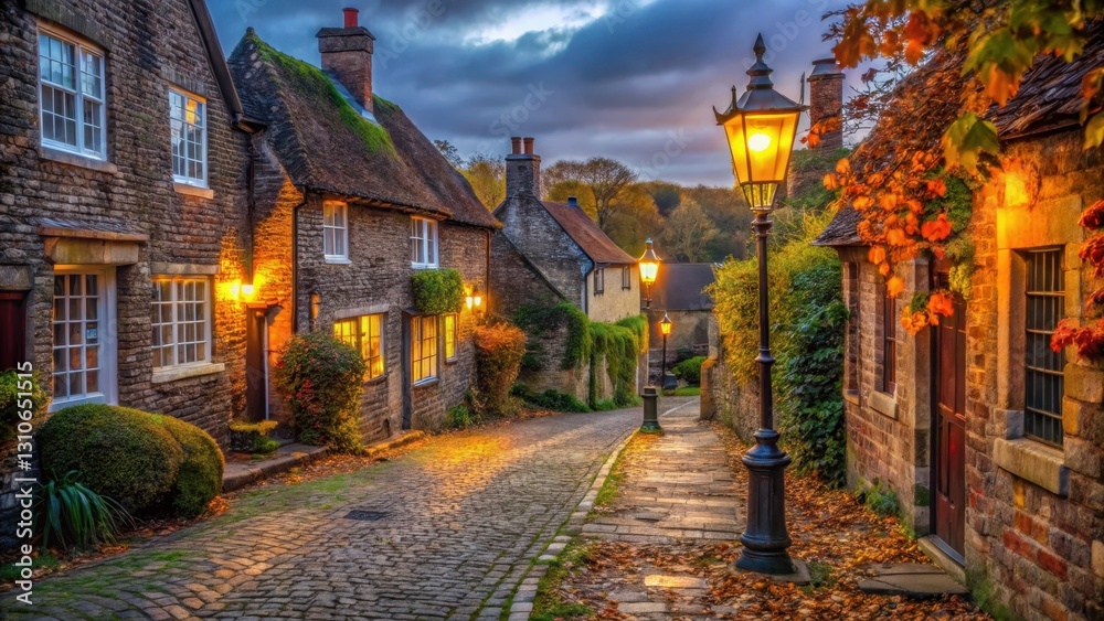 Fototapeta premium Ancient cobblestone street in a quiet Sussex village at dusk, with old stone buildings and lanterns lighting the way, old world ambiance , autumn colors