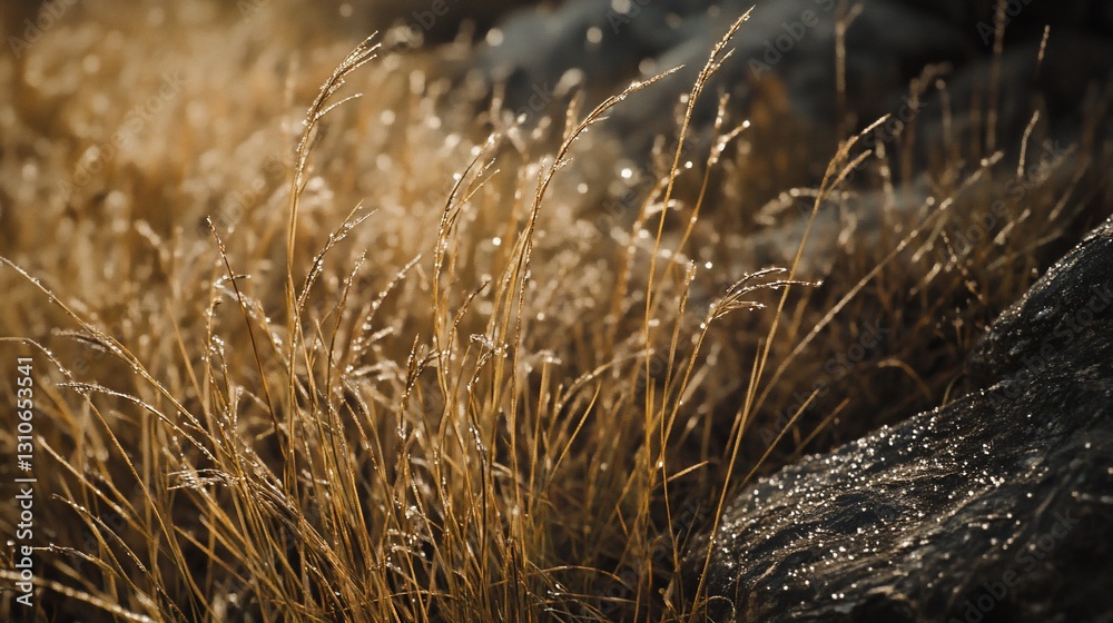Obraz premium Golden grass blades with dew drops on a rocky surface at sunrise.