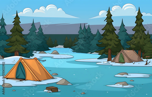 A comfortable tent set in a quiet forest, surrounded by trees and nature, perfect for camping adventures, tent camping.