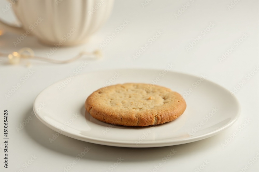 A single round baked treat rests on a pristine white plate, a simple yet inviting image. A single round baked treat rests on a pristine white plate, a simple yet inviting image.