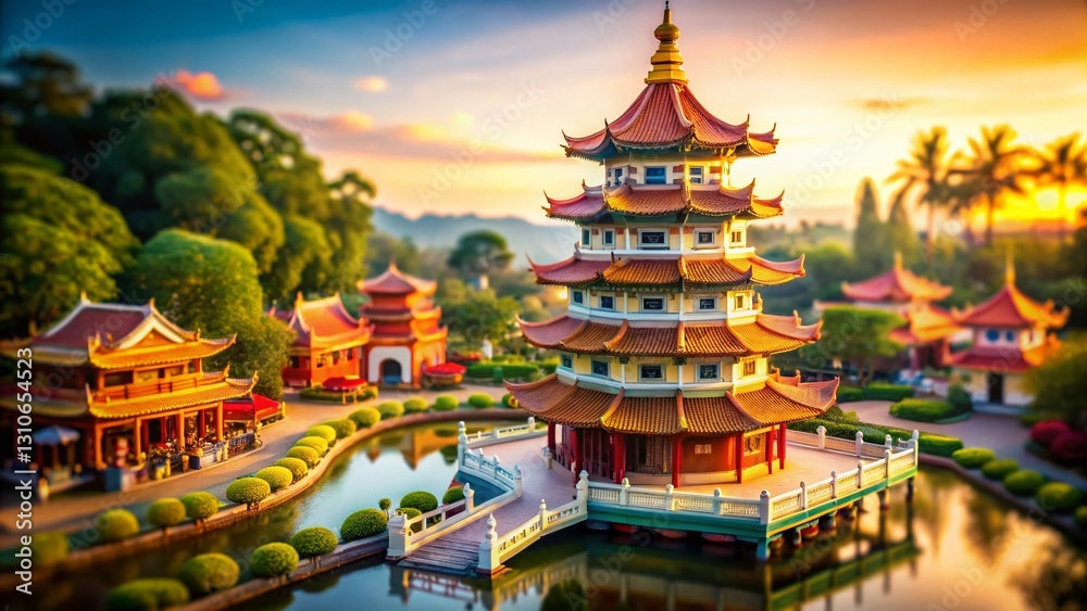 Obraz premium Miniature Chinese Pagoda in Nakhon Sawan, Thailand - Tilt-Shift Photography
