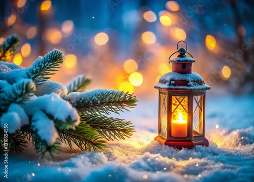 Miniature Christmas Lantern in Snowy Winter Scene with Fir Branch and Candlelight