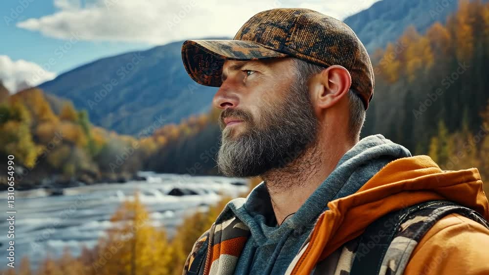 Man in camouflage cap by a serene river with autumn landscape Man in camouflage cap by a serene river with autumn landscape