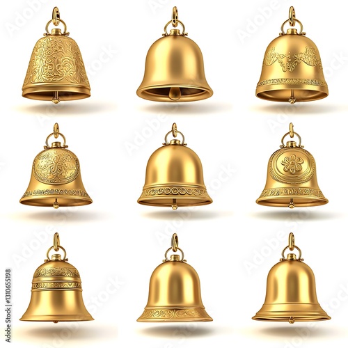 Gold bells collection, ideal for decoration, isolated on white background