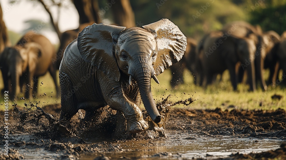 Fototapeta premium Playful baby elephant splashing in mud puddle with herd in background.