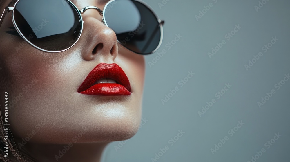 Stylish woman in sunglasses with bold red lips against grey Stylish woman in sunglasses with bold red lips against grey