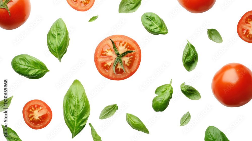 Fresh tomatoes and basil leaves scattered on a black background. Fresh tomatoes and basil leaves scattered on a black background.