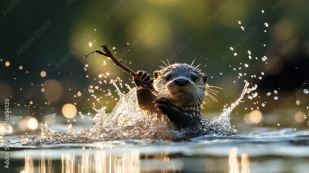 Playful otter emerging from water, holding a stick, splashing. Playful otter emerging from water, holding a stick, splashing.