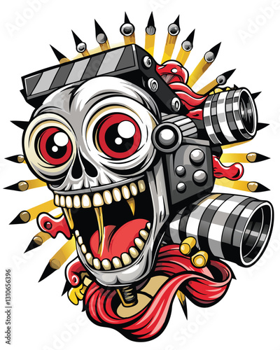 Render a disturbing, grotesque camera; its body contorted, film strips forming a screaming face.  Focus on unsettling detail.