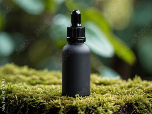 A matte black dropper bottle placed on lush green moss with a blurred natural background.