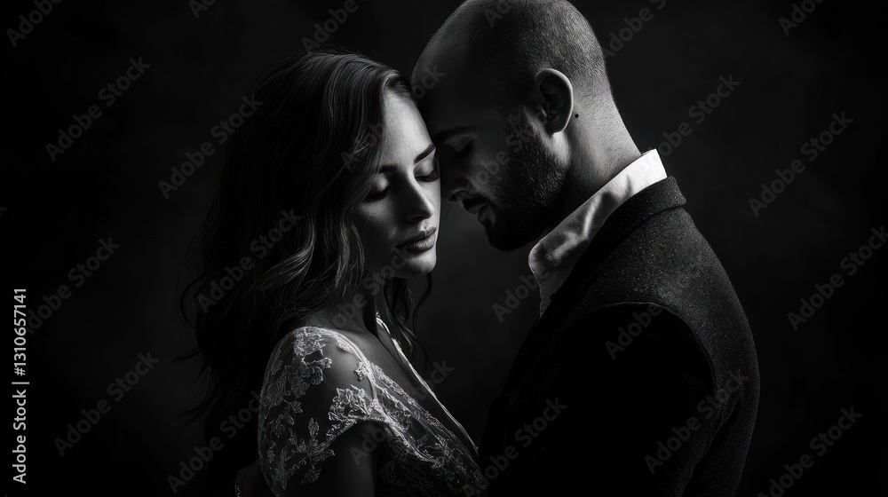 Romantic black and white portrait of a couple embracing closely Romantic black and white portrait of a couple embracing closely