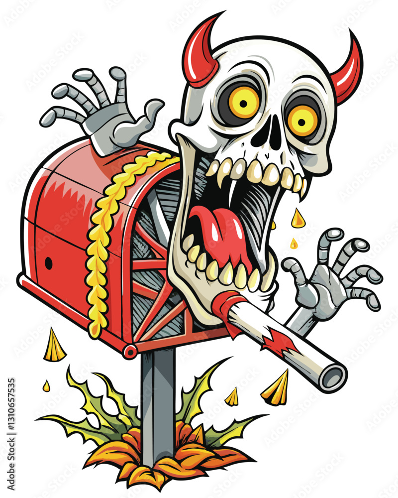 A grotesquely distorted mailbox overflowing with letters forming the letter 'S', dripping with decay and ominous shadows.