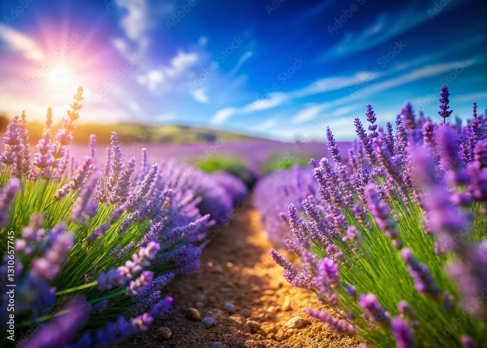 Obraz premium Miniature Lavender Field, Sunlit Purple Flowers, Blue Sky, Tilt-Shift Photography
