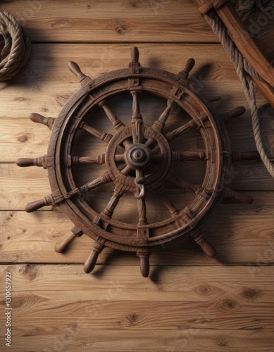 A ship's wheel on a wooden desk with ropes and anchors in the background, anchor, sea, rope