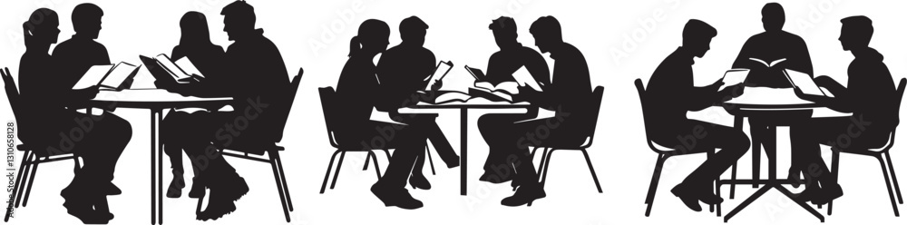 Silhouette of a group of friends sitting around a table, studying with books open vector silhouette