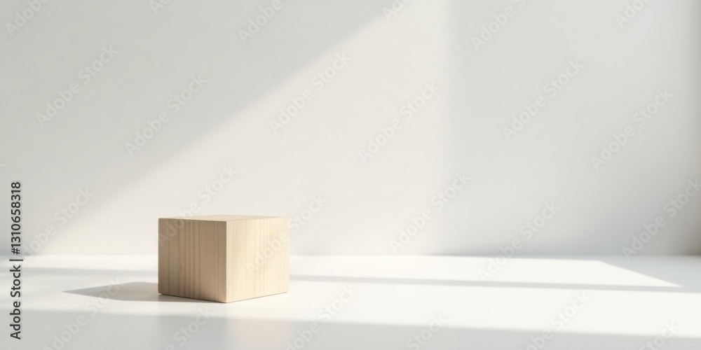 Minimalist Wooden Cube on Bright White Surface with Soft Light and Shadows Minimalist Wooden Cube on Bright White Surface with Soft Light and Shadows