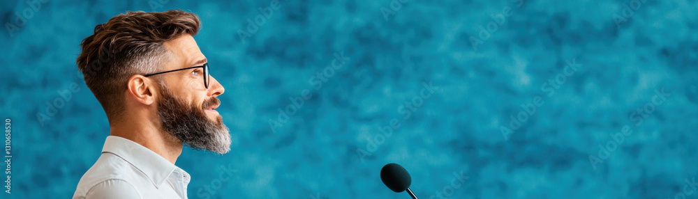 Fototapeta premium Man with a beard speaking at a microphone against a blue backdrop.