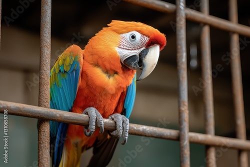 A colorful macaw perched on a rusty metal bar, looking slightly downwards, with blurred background.