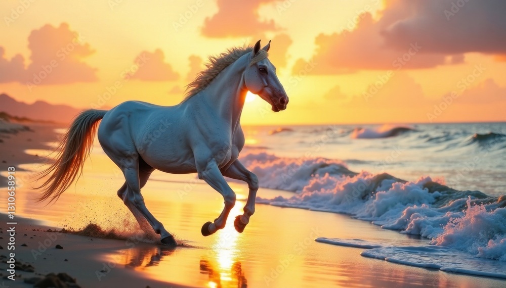 A white stallion prances freely on a sandy beach at sunset with waves gently lapping at its hooves, its mane and tail flowing in the breeze, sandy beach, freedom, sunset scene A white stallion prances freely on a sandy beach at sunset with waves gently lapping at its hooves, its mane and tail flowing in the breeze, sandy beach, freedom, sunset scene