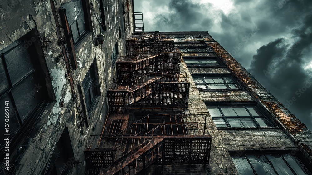 Urban Alleyway with Rusted Fire Escape and Desolate Atmosphere Urban Alleyway with Rusted Fire Escape and Desolate Atmosphere