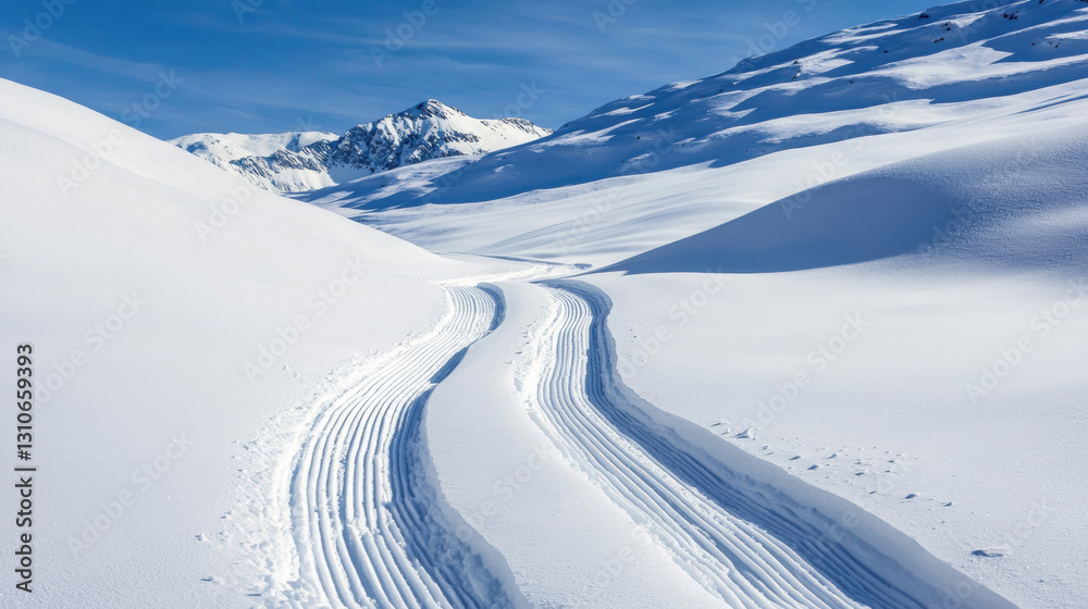 Majestic snowy mountain peak with rugged snow trail inviting adventurers to experience endurance and adventure outdoors Majestic snowy mountain peak with rugged snow trail inviting adventurers to experience endurance and adventure outdoors