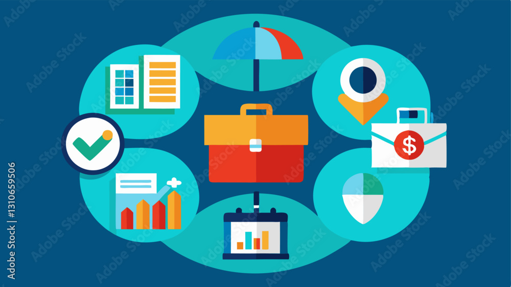 Portfolio Management An illustration of a diversified portfolio depicting various business sectors tech healthcare manufacturing managed by a private equity firm.