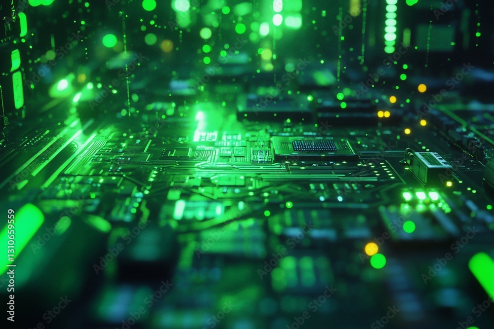 Fototapeta premium Futuristic green glowing circuit board with central processor.