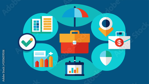 Portfolio Management An illustration of a diversified portfolio depicting various business sectors tech healthcare manufacturing managed by a private equity firm.