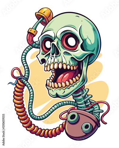 A surreal, grotesque telephone with a long, twisted cord violently strangling a skeletal figure.  Focus on the macabre detail and unsettling composition.