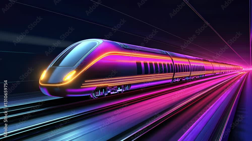 Futuristic high-speed train traveling through a neon landscape