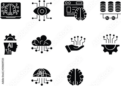 AI Technology flat Icon Set  Digital Icons for Artificial Intelligence, Machine Learning, Cloud Computing, and Data Innovation with Transparent Background.