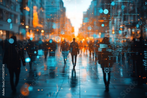 Silhouetted figures walking city street, overlaid with digital data streams.