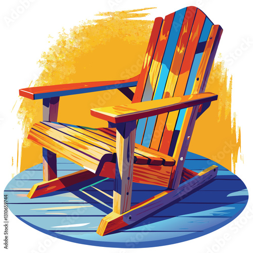 A weathered wooden porch chair, bold geometric lines, peeling paint reveals aged wood grain. Rustic, vintage feel.