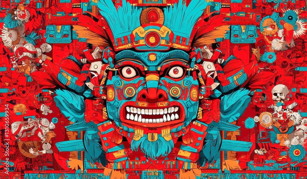 Fototapeta premium Aztec Sunstone Calendar Vector Design, intricate historical elements, bold black outlines, simple solid colors, cool neon palette, seamless geometric style, cultural art inspiration
