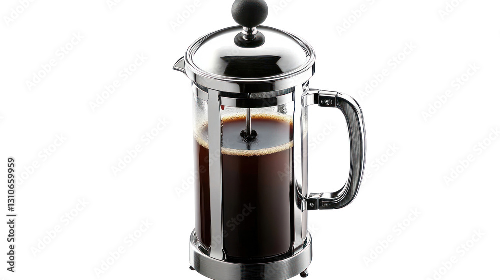 Stylish French press coffee maker with brewed coffee, isolated on a white background. Stylish French press coffee maker with brewed coffee, isolated on a white background.