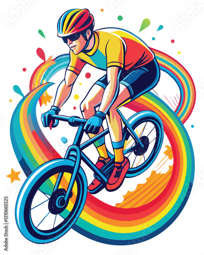 A vibrant illustration of a cyclist in dynamic motion, speeding along a trail painted with a dazzling rainbow, wearing a bright bike t-shirt.