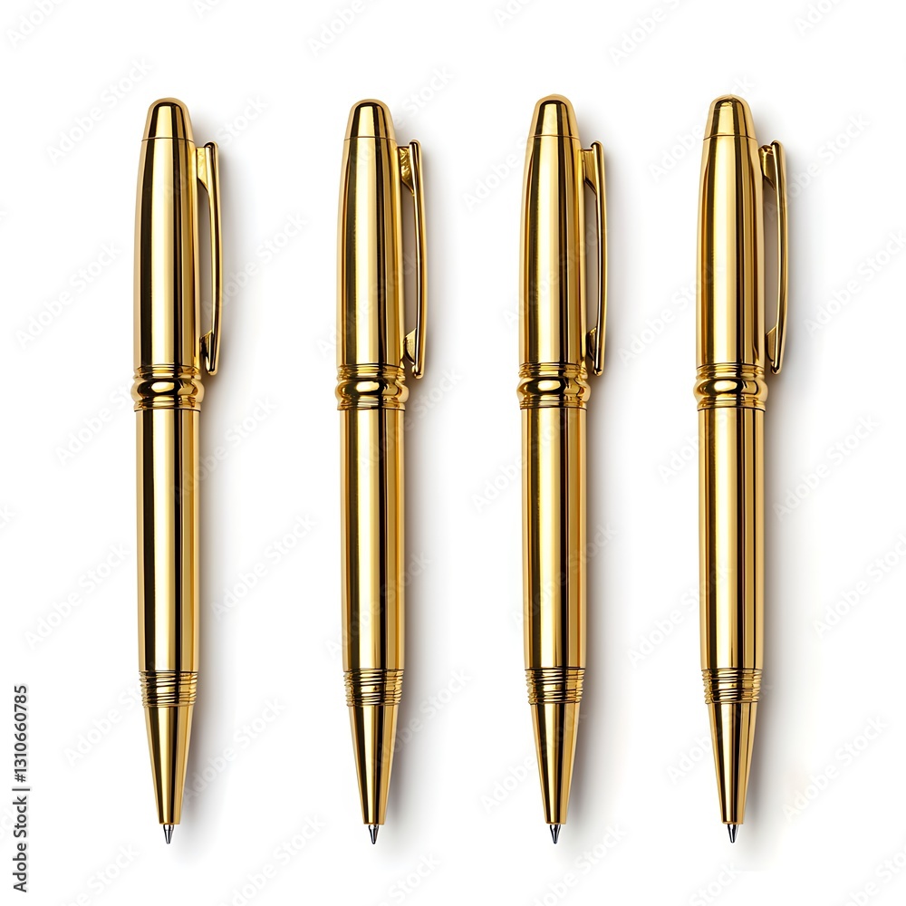 Gold pens with smooth metallic finishes, each pen highlighting a sleek design They are arranged elegantly, isolated on white background Gold pens with smooth metallic finishes, each pen highlighting a sleek design They are arranged elegantly, isolated on white background