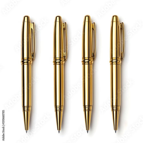 Gold pens with smooth metallic finishes, each pen highlighting a sleek design They are arranged elegantly, isolated on white background