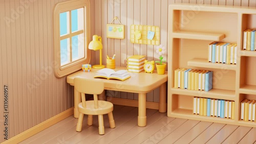 3d rendering cartoon style indoor desk animation
