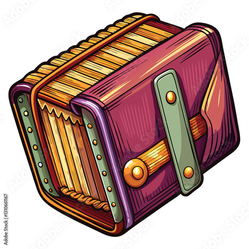 Create a realistic vector illustration of an accordion, showing intricate details of its bellows, keys, and straps.  Include subtle lighting and shadows.