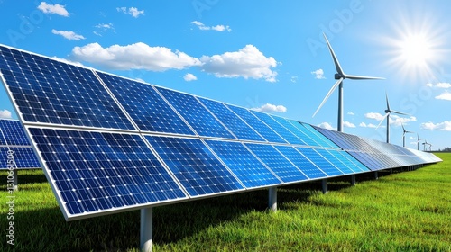 A serene countryside with wind turbines and solar farms