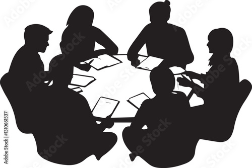 Silhouette of a group of friends studying in a circle with books and notes in front of them vector silhouette
